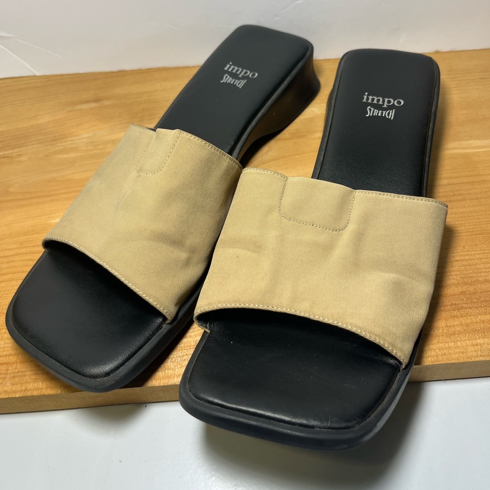 Impo Stretch Y2K Tan Black Slides Sandals Wedge Heel size 10